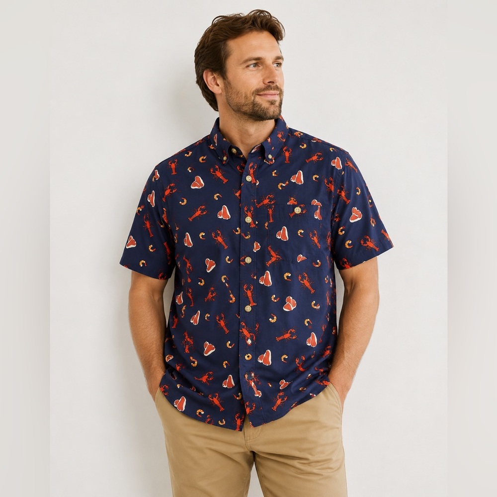 Duluth Trading Co Shirt Mens M Lobster Print Button Up Cotton Blue